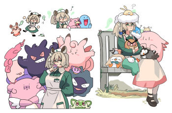 1girl @_@ alternate_color animal_ears apron arm_behind_back bench black_footwear blissey blush_stickers brown_hair chansey chibi clefairy commentary crossover dress fletchling flittle fongban_illust gastly gen_1_pokemon gen_2_pokemon gen_3_pokemon gen_4_pokemon gen_5_pokemon gen_6_pokemon gen_7_pokemon gen_8_pokemon gengar green_dress green_eyes hair_between_eyes hand_up hat highres holding holding_poke_ball holding_pokemon hoothoot id_card indie_virtual_youtuber long_sleeves looking_at_viewer looking_up multiple_views musharna naplings_(nimi_nightmare) nimi_nightmare nimi_nightmare_(1st_costume) nintendo nurse_cap on_bench on_head one_side_up pink_skirt poke_ball pokemon pokemon_(creature) pokemon_on_head quagsire rookidee rowlet shiny_pokemon shoes short_hair simple_background sinistea sitting skirt slowpoke smile socks spinda sprigatito starly swablu symbol-only_commentary tapir_ears tapir_girl virtual_youtuber white_apron white_background white_socks