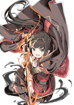 Rule 34 | 1girl, black cape, black hair, black skirt, black sleeves, black thighhighs, cape, character request, commentary request, cowboy shot, detached sleeves, dot nose, fire, flaming sword, flaming weapon, green eyes, hair intakes, holding, holding sword, holding weapon, idolmaster, idolmaster cinderella girls, kuresuku (lessons), long hair, long sleeves, looking at viewer, open mouth, simple background, skirt, solo, sword, thick eyebrows, thighhighs, v-shaped eyebrows, weapon, white background