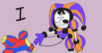 1girl absurdres annoyed asymmetrical_gloves black_hair blunt_bangs blush_stickers clenched_teeth clothes_grab constricted_pupils eye_twitch frown gloves hat hat_bell highres hm_artist jester jester_cap mismatched_gloves motion_lines multicolored_eyes multicolored_hat orange_eyes orange_gloves pom_pom_(clothes) pomni_(the_amazing_digital_circus) puffy_short_sleeves puffy_sleeves purple_eyes purple_gloves short_sleeves solo striped_clothes striped_headwear teeth the_amazing_digital_circus two-tone_eyes two-tone_sash undressing unworn_clothes vertical-striped_bodysuit vertical-striped_clothes vertical-striped_headwear