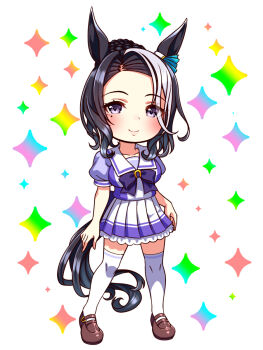 1girl animal_ears black_hair blush bow bowtie braid breasts chibi chibi_only closed_mouth collarbone commentary_request full_body hair_bun highres horse_ears horse_girl horse_tail large_breasts long_hair looking_at_viewer mejiro_ramonu_(umamusume) mole mole_under_eye multicolored_hair pleated_skirt puffy_short_sleeves puffy_sleeves purple_bow purple_bowtie purple_eyes purple_shirt sailor_collar sailor_shirt school_uniform shirt shoes short_sleeves skirt smile solo streaked_hair sugimotty_nova tail thighhighs tracen_school_uniform umamusume white_hair white_sailor_collar white_skirt white_thighhighs zettai_ryouiki