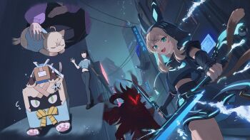2girls absurdres animal_ears black_hood black_jacket black_shorts black_skirt blonde_hair breasts cat_ears cat_girl cat_tail crop_top genshin_impact green_eyes highres holding holding_sword holding_weapon hood hood_up hoyofair jacket kirara_(cat)_(genshin_impact) kirara_(genshin_impact) long_hair multiple_girls multiple_tails odd_(hin_yari) open_mouth shorts skirt smile sword tail weapon