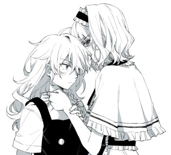 2girls alice_margatroid angry bow braid capelet chinese_commentary closed_mouth clothes_grab collar_grab commentary_request dress frilled_hairband frills greyscale hair_bow hairband hand_on_another's_wrist highres hitte5416 kirisame_marisa lolita_hairband monochrome multiple_girls neckwear_grab side_braid single_braid touhou vest