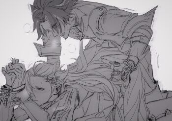 2boys anal animal_ears bdsm bent_over bondage bound bound_wrists cuffed_wrists cuffs ear_piercing genshin_impact greyscale hamtungss handcuffs heavy_breathing highres long_hair male_focus male_penetrated monochrome multiple_boys neuvillette_(genshin_impact) open_clothes open_shirt piercing pointy_ears sex sex_from_behind sketch sleeve_cuffs sweat sweatdrop tie worried wriothesley_(genshin_impact) yaoi