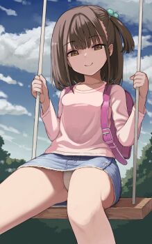 1girl backpack bag blue_skirt blue_sky breasts brown_hair cloud collarbone day denim denim_skirt female_focus hair_ornament highres jojifuku light_blush loli long_sleeves looking_at_viewer medium_hair on_swing original outdoors panties pantyshot pink_shirt randoseru shirt side_ponytail sitting skirt sky small_breasts smile smirk solo susu_(ysy) swing thighs underwear white_panties yellow_eyes
