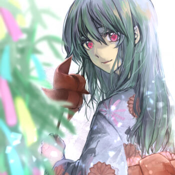 Rule 34 | 1girl, floral print, green hair, hair between eyes, japanese clothes, kimono, long hair, long sleeves, looking at viewer, minashiro orihime, obi, pinwheel, red eyes, sash, simple background, smile, solo, soukyuu no fafner, tanabata, tanzaku, white background, yukata