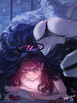 1girl absurdres anger_vein ass back black_panties blue_archive blush clenched_teeth commentary crushed_can dhrudghks98 doodle_sensei_(blue_archive) english_commentary hair_ornament hairclip halo highres long_hair lying on_stomach panties red_eyes rio_(blue_archive) sensei_(blue_archive) solo teeth underwear underwear_only very_long_hair