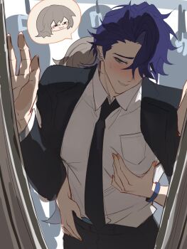 1boy 1girl against_glass alternate_costume assertive_female black_necktie black_suit blush chibi chikan collared_shirt couple cowboy_shot formal_clothes grey_hair groping hair_over_one_eye hanwen1682043 hetero highres honkai:_star_rail honkai_(series) hug hug_from_behind looking_at_viewer male_focus molestation necktie purple_hair sampo_koski shirt short_hair solo_focus stelle_(honkai:_star_rail) suit trailblazer_(honkai:_star_rail) train_interior white_shirt