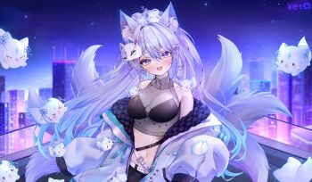 1girl absurdres artist_name belt blue_eyes blush breasts cityscape commentary commission english_commentary fox_mask grey_hair highres iceenblue indie_virtual_youtuber ketyuiqu long_hair mask mask_on_head multiple_tails navel open_mouth smile stomach tail virtual_youtuber white_belt