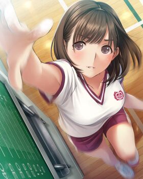 1girl anegasaki_nene arm_out_of_frame arms_up blush breasts brown_eyes brown_hair collarbone exercising from_above gym gym_shirt gym_uniform highres indoors jumping large_breasts looking_to_the_side love_plus medium_hair mole mole_under_eye motion_blur official_art open_hand outstretched_arms parted_lips red_shorts serious shirt shoes short_sleeves shorts socks solo uwabaki white_shirt white_shoes white_socks wooden_floor