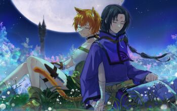 Rule 34 | 1boy, 1girl, animal ears, back-to-back, belt, black hair, breasts, cat, cat ears, cat girl, cat tail, choker, closed eyes, closed mouth, collar, commission, commissioner upload, dandelion, facial mark, fire emblem, fire emblem: path of radiance, fire emblem: radiant dawn, fire emblem heroes, flower, forehead mark, grass, green choker, green collar, green shorts, hand guard, highres, holding hands, knife, knife sheath, kohamustoto, lethe (fire emblem), light smile, medium breasts, moon, night, night sky, nintendo, on grass, orange hair, orange tail, purple robe, robe, sash, sheath, shorts, side slit, side slit shorts, sitting, sky, soren (fire emblem), soren (isolated strategist) (fire emblem), star (sky), tail, thigh belt, thigh strap, tower, tree, waist sash, whisker markings, wrist wrap