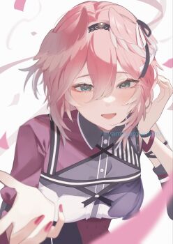 1girl asymmetrical_clothes asymmetrical_pants asymmetrical_sleeves blue_eyes blush breasts detached_sleeves hair_between_eyes head_wings highres hololive long_sleeves looking_at_viewer medium_breasts open_mouth pink_hair pink_nails pink_wings short_hair simple_background smile solo takane_lui twitter_username virtual_youtuber white_background wings yamagamiamami