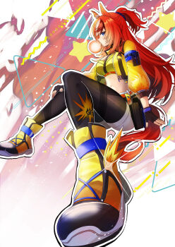 1girl absurdres animal_ears bandeau black_gloves black_leggings blowing_bubble_gum blue_eyes blush boots breasts brown_hair bubble_gum_fellow_(popping!)_(umamusume) bubble_gum_fellow_(umamusume) chewing_gum commentary cropped_jacket ear_ornament fingerless_gloves gloves hair_between_eyes hair_ornament hair_scrunchie highres horse_ears horse_girl horse_tail jacket large_breasts leggings leggings_under_shorts long_hair long_sleeves midriff multicolored_hair navel ponytail scrunchie shorts solo tail umamusume white_hair white_shorts yellow_bandeau yellow_jacket yume_30_31