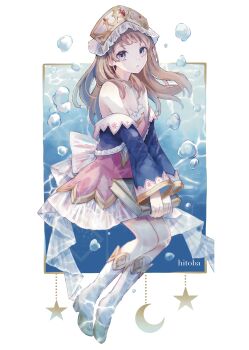Rule 34 | 1girl, absurdres, artist name, atelier (series), atelier totori, blue eyes, book, boots, border, brown hair, bubble, commentary request, detached sleeves, dress, high heel boots, high heels, highres, hitoba, holding, holding book, long hair, looking at viewer, outside border, pink dress, solo, strapless, strapless dress, totooria helmold, twitter username, white boots, white border