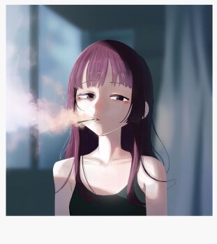 1girl bare_shoulders blurry blurry_background bocchi_the_rock! cigarette collarbone commentary english_commentary green_tank_top hair_over_shoulder highres hiroi_kikuri indoors kingu_(whalekingu) long_hair looking_at_viewer looking_to_the_side narrowed_eyes purple_eyes purple_hair smoke smoking solo tank_top upper_body window