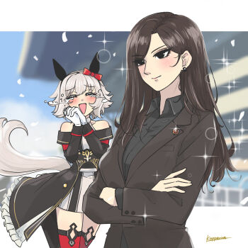 2girls absurdres animal_ears artist_name black_jacket black_shirt blurry blurry_background bow brown_hair closed_eyes coat collared_shirt commentary_request crossed_arms crying curren_chan_(fille_eclair)_(umamusume) curren_chan_(umamusume) dress ear_bow ear_covers empty_eyes facing_another female_trainer_(umamusume) from_side gloves grey_hair highres horse_ears horse_girl jacket kopperion long_hair long_sleeves multiple_girls off-shoulder_coat off_shoulder red_bow red_thighhighs shirt short_hair signature striped_clothes striped_dress thighhighs trainer_(umamusume) umamusume vertical-striped_clothes vertical-striped_dress white_gloves