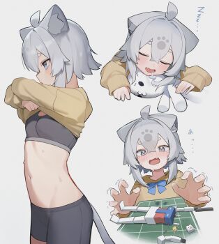 1girl :d absurdres ahoge akuto_(akuto_desu) animal_ear_fluff animal_ears black_shorts blue_bow blue_bowtie blue_eyes blush bow bowtie breasts cat_ears cat_girl cat_tail closed_eyes clothes_lift commentary_request cowboy_shot crossed_bangs double-parted_bangs drooling fang grey_hair grey_sports_bra hair_between_eyes highres long_sleeves navel open_mouth original short_hair shorts simple_background small_breasts smile sports_bra stuffed_toy sweater sweater_lift tail tears thick_eyebrows trembling white_background yellow_sweater zzz