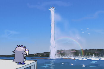 1girl arms_up bing_huyue bird blue_sky chibi commentary english_commentary fountain from_behind gem gem_hair_ornament hair_flaps hand_jewel highres hololive hololive_english jet_d&#039;eau koseki_bijou koseki_bijou_(1st_costume) long_hair looking_afar pebble_(koseki_bijou) purple_gemstone purple_shoes rainbow real_world_location scenery shoes simple_bird sky switzerland virtual_youtuber