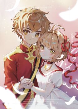 Rule 34 | 1boy, 1girl, absurdres, antenna hair, beebee1120, blush, brown eyes, brown hair, cardcaptor sakura, chinese commentary, closed mouth, commentary request, dress, green eyes, hair ribbon, highres, holding hands, kinomoto sakura, li syaoran, long sleeves, looking at viewer, parted lips, red ribbon, red shirt, ribbon, shirt, short hair, short sleeves, smile, upper body, watermark, white dress