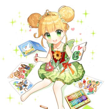 1girl aged_down bag bare_shoulders barefoot blonde_hair bow bow_flower bowtie crayon double_bun dress flower gold_tiara green_dress green_eyes hair_bun hair_flower hair_ornament heart-shaped_bag holding holding_crayon looking_at_viewer red_bow red_bowtie salt_(salty) sapphire_emerald short_hair shoulder_bag sitting sketchbook smile uchi_no_hime-sama_ga_ichiban_kawaii