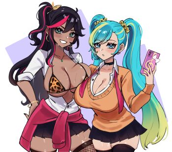 2girls absurdres animal_print areola_slip asymmetrical_docking bikini bikini_top_only biyon_tran black_choker black_hair black_skirt black_thighhighs blue_eyes blue_hair bracelet breast_press breasts cellphone choker cleavage clothes_around_waist commentary dark-skinned_female dark_skin english_commentary green_eyes green_streaks grin gyaru hand_on_own_hip highres holding holding_phone jewelry large_breasts league_of_legends leopard_print leopard_print_bikini long_hair long_sleeves looking_at_viewer miniskirt multicolored_hair multiple_girls necklace orange_sweater partially_unbuttoned phone pink_streaks pleated_skirt print_bikini shirt sivir skindentation skirt sleeves_rolled_up smartphone smile sona_(league_of_legends) streaked_hair sweat sweater swimsuit thighhighs twintails white_shirt zettai_ryouiki