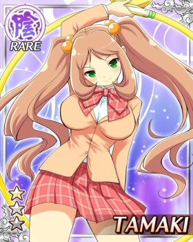 1girl arm_behind_back arm_up border bow bowtie breasts brown_hair card_(medium) character_name closed_mouth english_text game_cg green_eyes hair_bobbles hair_ornament holding_hula_hoop hoop hula_hoop jacket large_breasts long_hair looking_at_viewer non-web_source official_alternate_costume official_art orange_jacket plaid_bow plaid_bowtie plaid_clothes plaid_skirt red_bow red_bowtie red_skirt school_uniform senran_kagura senran_kagura_new_wave shirt skirt smile solo tamaki_(senran_kagura) twintails white_shirt