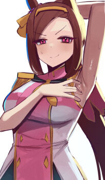 1girl absurdres animal_ears arm_up armpits breasts brown_hair buttons closed_mouth commentary double-breasted ear_ornament english_commentary epaulettes flower-shaped_pupils forehead gold_hairband hairband hand_on_own_chest highres horse_ears horse_girl iog626 long_hair looking_at_viewer medium_breasts multicolored_shirt pink_eyes pink_shirt ponytail presenting_armpit sailor_collar sailor_shirt sakura_bakushin_o_(blossom_in_learning)_(umamusume) sakura_bakushin_o_(umamusume) shiny_skin shirt sidelocks simple_background sleeveless smile solo sweatdrop symbol-shaped_pupils umamusume v-shaped_eyebrows white_background white_shirt