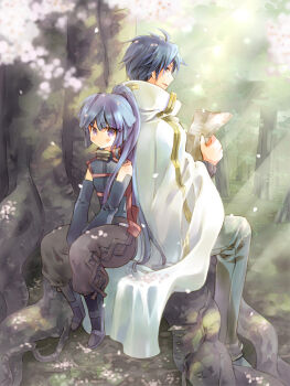 Rule 34 | 1boy, 1girl, akatsuki (log horizon), back-to-back, blue hair, blush, book, gauntlets, glasses, kuga tsukasa, log horizon, long hair, paper, petals, ponytail, purple hair, shiroe (log horizon), short hair, sitting