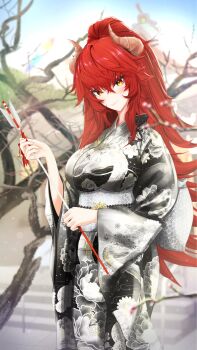 1girl absurdres alternate_costume aw_works703 black_kimono closed_mouth dragon_girl dragon_horns highres horns indie_virtual_youtuber japanese_clothes kimono long_hair looking_at_viewer red_hair smile solo virtual_youtuber yellow_eyes zentreya zentreya_(dragon)