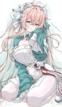 Rule 34 | 1girl, ahoge, azur lane, bandaid, bandaid on face, blush, breasts, commentary request, green leotard, green shrug, hair between eyes, hat, highres, leotard, long hair, looking at viewer, medium breasts, mikuchi3939, nurse cap, pantyhose, pink hair, shoes, shrug (clothing), sitting, sleeves past fingers, sleeves past wrists, smile, solo, stuffed animal, stuffed rabbit, stuffed toy, torn clothes, torn pantyhose, twintails, twitter username, ugolino vivaldi (azur lane), wariza, white pantyhose