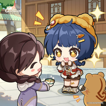 2girls absurdres bandaid bandaid_on_knee bandaid_on_leg blue_hair blush blush_stickers braid braided_ponytail brown_eyes brown_hair brown_shorts building carrot_hair_ornament chibi chinese_clothes closed_eyes commentary copyright_name day dress english_commentary food-themed_hair_ornament fur-trimmed_jacket fur_trim genshin_impact guoba_(genshin_impact) hair_ornament hairclip highres holding jacket leaning_forward long_sleeves low_twin_braids multiple_girls official_art open_mouth outdoors purple_dress red_jacket shorts smile socks sparkling_eyes standing sunlight thick_eyebrows twin_braids xiangling_(genshin_impact) xiangling_(new_year&#039;s_cheer)_(genshin_impact) ying&#039;er_(genshin_impact)