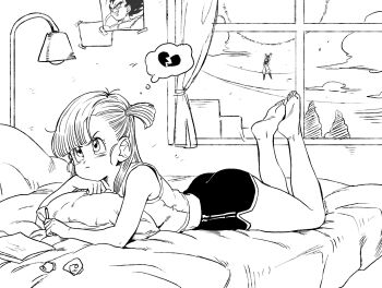 1girl 2boys ass bare_legs bare_shoulders barefoot broken_heart bulma closed_mouth crop_top curtains dragon_ball genki_dama ghouse_01 heart highres indoors lamp looking_up lying monochrome multiple_boys on_bed on_stomach photo_(object) shirt short_shorts short_side_ponytail shorts side_ponytail sleeveless sleeveless_shirt soles son_goku speech_bubble the_pose thought_bubble toes vegeta window