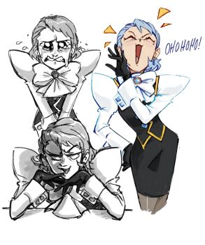 Rule 34 | 1girl, :3, ace attorney, black gloves, black skirt, black vest, blue hair, bow, commentary, crying, crying with eyes open, english commentary, eyelashes, franziska von karma, gloves, grey pantyhose, hand on own hip, highres, laquilasse, laughing, long sleeves, mole, mole under eye, multiple views, open mouth, pantyhose, shirt, short hair, simple background, skirt, smile, smug, tears, vest, white background, white bow, white shirt