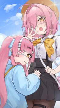 2girls absurdres ahoge azur_lane black_pantyhose black_skirt blue_sky bow collared_shirt eyepatch hair_intakes hair_ornament hair_over_one_eye hairclip highres kindergarten_uniform light_blush long_hair looking_at_viewer multicolored_hair multiple_girls official_alternate_costume open_mouth outdoors pantyhose pink_hair pink_nails shirt short_hair short_sleeves skirt sky streaked_hair tanoki233 thigh_strap twintails white_hair white_shirt white_streaks x_hair_ornament yellow_bow yellow_eyes z43_(a_secret_base_for_two)_(azur_lane) z43_(azur_lane) z47_(azur_lane) z47_(young_again_filter)_(azur_lane)