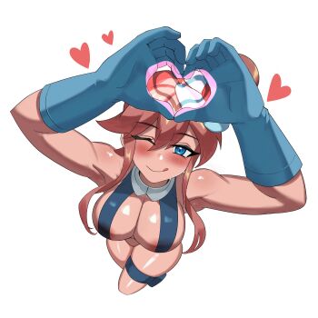 1girl :q areola_slip armpits bare_shoulders blush from_above gloves heart heart_hands highres long_hair nintendo one_eye_closed pokemon pokemon_bw red_hair skyla_(pokemon) teeth thigh_strap tongue tongue_out white_background wink ytrall