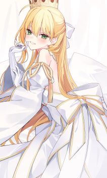 Rule 34 | 1388chan, 1girl, ahoge, artoria pendragon (fate), bare shoulders, blonde hair, blush, breasts, commentary request, crown, detached sleeves, dress, fate/grand order, fate (series), gloves, gold trim, green eyes, grin, hair ribbon, highres, long hair, looking at viewer, lord logres (fate), lord logres (second ascension) (fate), medium breasts, ribbon, sidelocks, smile, solo, tabard, white dress, white gloves, white ribbon, wide sleeves
