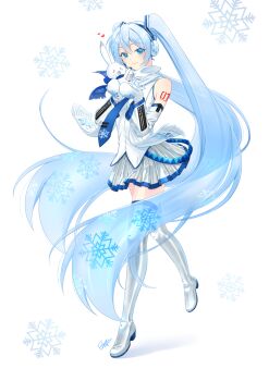 1girl absurdly_long_hair aqua_hair arm_tattoo blue_eyes blue_necktie blue_scarf blue_trim boots closed_mouth commentary_request detached_sleeves grey_skirt hair_between_eyes hatsune_miku headset light_blush long_hair long_sleeves looking_at_viewer necktie number_tattoo official_alternate_costume pleated_skirt rabbit rabbit_yukine rainsp scarf simple_background skirt smile snowflake_print solo tattoo thigh_boots twintails very_long_hair vocaloid white_background white_scarf wide_sleeves yuki_miku yuki_miku_(2011)