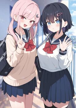 2girls ayamy bag black_hair black_sailor_collar black_skirt black_thighhighs blue_eyes blurry blurry_background bow bowtie breasts brown_sweater commentary_request day hair_ornament hairclip highres large_breasts long_hair looking_at_viewer medium_breasts miniskirt multiple_girls one_side_up original outdoors pink_eyes pink_hair pleated_skirt red_bow red_bowtie sailor_collar school_bag school_uniform serafuku shirt short_hair skirt sweater thighhighs twintails v waving white_shirt