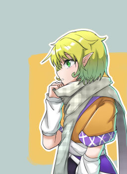 Rule 34 | 1girl, arm warmers, black skirt, brown shirt, commentary request, from side, green eyes, grey background, grey scarf, hand up, highres, looking ahead, mizuhashi parsee, outline, parted lips, pi-nattus, pointy ears, scarf, shirt, short hair, short sleeves, simple background, skirt, solo, touhou, upper body, white arm warmers, white outline, white shirt