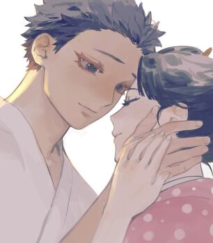 Rule 34 | 1boy, 1girl, black hair, closed eyes, closed mouth, couple, forehead-to-forehead, hakuji (kimetsu no yaiba), hand on another's cheek, hand on another's face, heads together, hetero, holding hands, japanese clothes, kimetsu no yaiba, kimono, koyuki (kimetsu no yaiba), looking at another, parted bangs, parted lips, pink kimono, polka dot, polka dot kimono, robe, rumaeinine, short hair, smile, upper body, white background, white robe