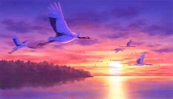 animal bird commentary_request hariken highres lake nature no_humans original purple_sky red_sky scenery sky sun sunset yellow_sky