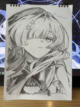 Rule 34 | 1girl, commentary, dated, earrings, elinanoodles, graphite (medium), hair ornament, hair over one eye, hashtag-only commentary, highres, id card, jacket, jewelry, long hair, looking ahead, mornye (wuthering waves), parted lips, photo (medium), portrait, solo, traditional media, triangle earrings, wuthering waves