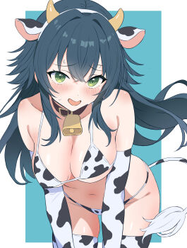 1girl absurdres alternate_costume animal_collar animal_ears animal_print armpit_crease bell bikini blush border breasts collar collarbone commentary_request cow_ears cow_horns cow_print cow_print_bikini cow_print_gloves cow_print_thighhighs cow_tail elbow_gloves fake_animal_ears fake_horns fake_tail furrowed_brow gakuen_idolmaster gloves green_background green_eyes green_hair hair_flaps highres horns idolmaster large_breasts leaning_forward long_hair looking_at_viewer navel neck_bell ocha_(wnyf3738) print_bikini print_gloves print_thighhighs smile solo stomach string_bikini swimsuit tail thighhighs tsukimura_temari very_long_hair white_border