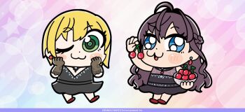 2girls :3 ;3 bkub black_dress black_gloves blonde_hair blue_eyes blush_stickers bowl braid brown_hair cherry chibi chibi_only closed_mouth commentary_request company_name copyright_notice dot_nose dress earrings food fruit full_body gloves green_eyes hands_on_own_cheeks hands_on_own_face holding holding_bowl holding_cherry holding_food holding_fruit ichinose_shiki idolmaster idolmaster_cinderella_girls idolmaster_cinderella_girls_starlight_stage jewelry long_hair looking_at_viewer miyamoto_frederica multiple_girls necklace official_art one_eye_closed open_mouth red_shoes shoes short_hair