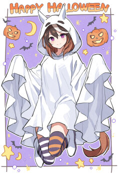 1girl animal_ears blush brown_hair closed_mouth commentary_request ear_covers ghost_costume halloween_costume happy_halloween hood hood_up horse_ears horse_girl horse_tail long_hair looking_at_viewer mauve pumpkin purple_eyes sheet_ghost smile solo striped_clothes striped_thighhighs symboli_rudolf_(umamusume) tail thighhighs umamusume