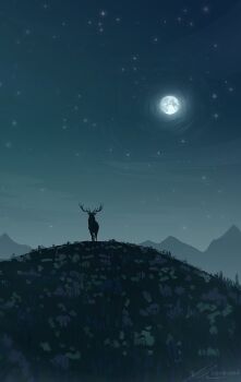 animal artist_name blue_theme dark facing_viewer full_moon hill landscape moon moose mountainous_horizon night night_sky no_humans original outdoors scenery shadow signature silhouette sky zandra
