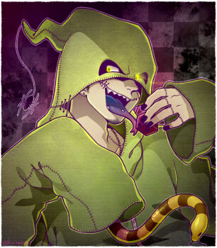 1boy border checkered_background dice earrings facial_hair fingernails forked_tongue goatee_stubble green_eyes green_robe hooded_robe humanization jewelry kiri_futoshi long_sleeves long_tongue looking_at_viewer male_focus oogie_boogie robe sharp_teeth sleeves_past_wrists snake solo stitched_face stitches stubble teeth the_nightmare_before_christmas tongue tongue_out white_border zipper