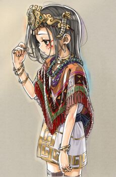 1girl bracelet commentary_request dress earrings expressionless facial_mark flat_chest gold gold_trim grey_eyes grey_hair headpiece jewelry looking_down medium_hair multiple_rings native_american necklace okuribi original playing_with_own_hair ring shawl short_dress solo