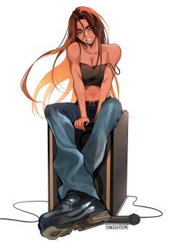 Rule 34 | 1girl, absurdres, alien stage, amplifier, artist name, bare shoulders, black camisole, black shoes, blue pants, breasts, brown hair, camisole, cleavage, commentary, crop top, dark-skinned female, dark skin, grey eyes, highres, hyuna (alien stage), lollipop in mouth, long hair, microphone, navel, pants, shoes, sitting, smile, solo, strap slip, very long hair, xnighten