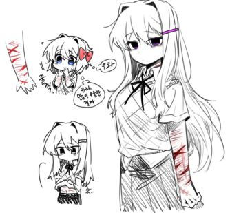 2girls arms_at_sides black_ribbon blood blue_eyes breasts clothes_lift cuts cutting doki_doki_literature_club doki_doki_literature_club_school_uniform hair_between_eyes hair_intakes hair_ornament hairclip hands_on_own_face injury korean_text large_breasts lifting_own_clothes long_hair looking_at_hand looking_at_viewer multiple_girls purple_eyes ribbon sayori_(doki_doki_literature_club) scar scar_on_arm school_uniform self-harm self-harm_scar shirt_lift short_hair skirt speech_bubble ting_mong wrist_cutting yuri_(doki_doki_literature_club)