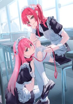 2girls apron asymmetrical_bangs bdsm blue_eyes bocchi_the_rock! breasts classroom collar commentary_request crossed_legs cube_hair_ornament desk dress esubui frilled_apron frilled_dress frills gotoh_hitori hair_between_eyes hair_ornament head_rest highres implied_bondage indoors kita_ikuyo kneeling long_hair looking_at_viewer maid maid_apron maid_headdress medium_hair multiple_girls parted_lips pink_hair ponytail red_hair school_desk shoes side_ponytail sidelocks sitting small_breasts smile strap thighhighs thighs very_long_hair window wrist_cuffs yellow_eyes yuri zettai_ryouiki